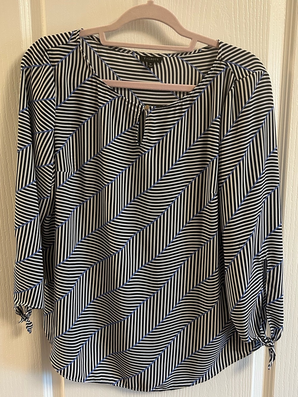 Talbots Navy and White Diagonal Striped Blouse